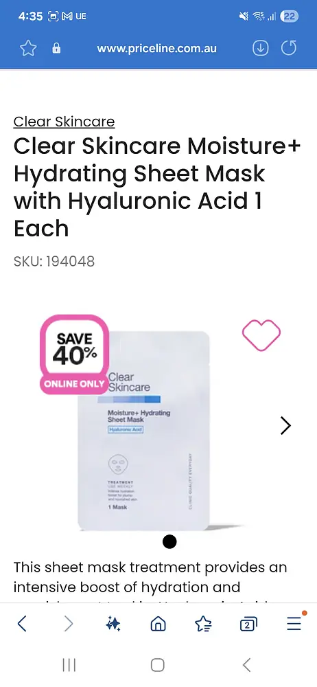 Clear Skincare Moisture+ Hydrating Sheet Mask with Hyaluronic Acid