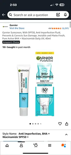 Garnier , With SPF50, Anti Imperfection Fluid, Prevents & Corrects Sun Damage, Invisible and Matte Finsih, Pure Active BHA + Niacinamide Vitamin c