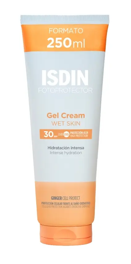 ISDIN 250ml gel cream wet skin 50 SPF uvb protection alta high protection hidraciòn intensa intense hydration ginger cell protect