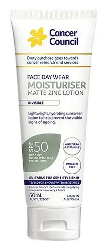 Cancer Council Face Day Wear Moisturiser Matte Zinc Lotion Invisible SPF 50
