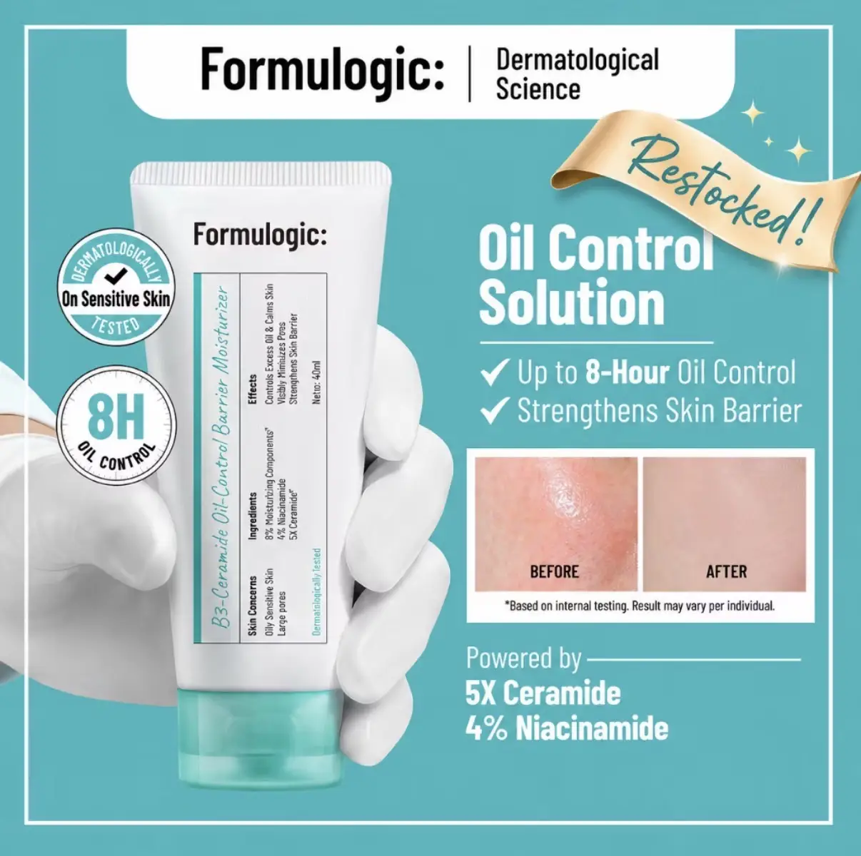 Formulogic: Oil Control Barrier Moisturizer 40ml | 4% niacinamide+ 5x Ceramide | Oily skin