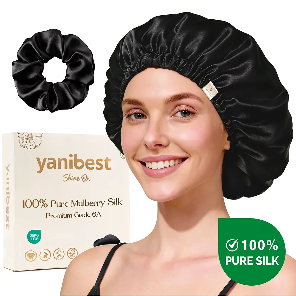 Yanibest Hisheen Silk 6A Mulberry Silk Bonnet Adjustable Elastic Black