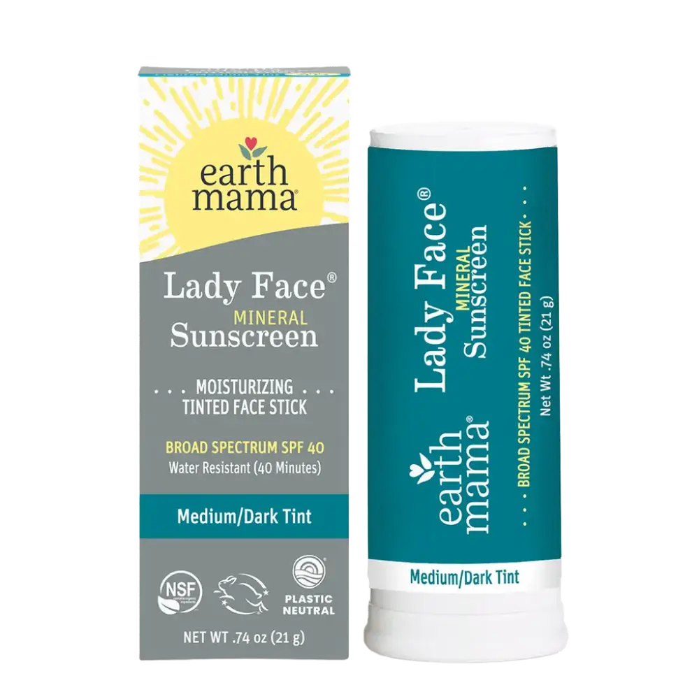 Earth Mama Organics Lady Face Tinted Mineral Sunscreen Face Stick SPF 40 Medium/Dark