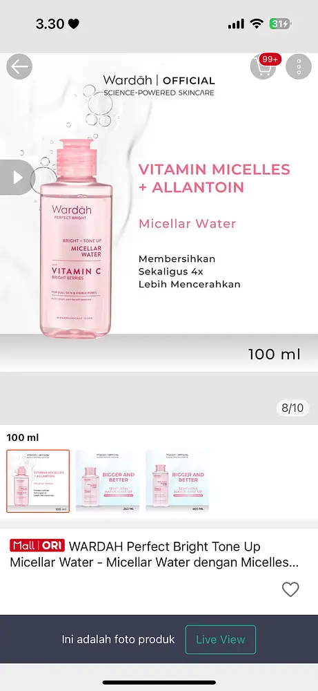 Wardah Perfect Bright Tone up Micellar Water