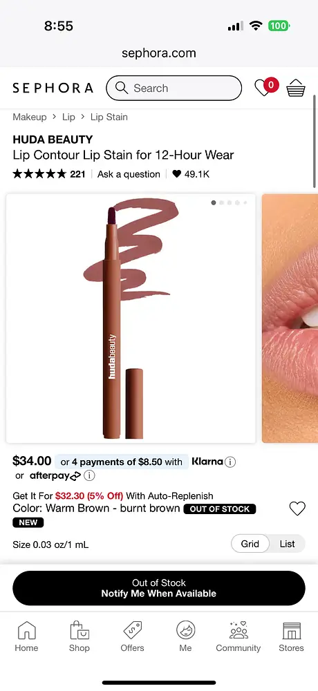 Huda Beauty Lip contour lip stain for 12-hour wear Cinnamon, baby pink, rosewood, toasty brown, soft nude, warm brown, rich brown