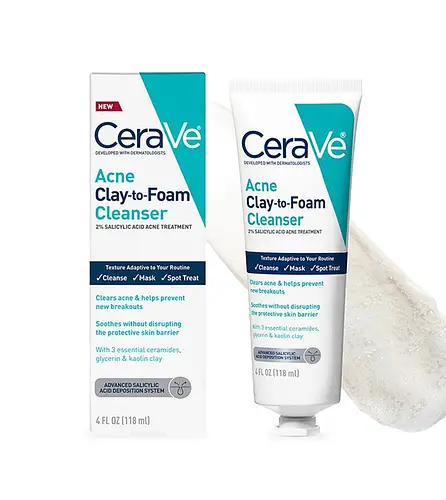 CeraVe Clay To Foam Acne Face Wash, Multi-Use Salicylic Acid & Kaolin Clay Acne Spot Treatment Clears Pimples & Blackheads, Prevents Breakouts, Hydrates & Soothes, Fragrance-Free, Non-Comedogenic, 4oz