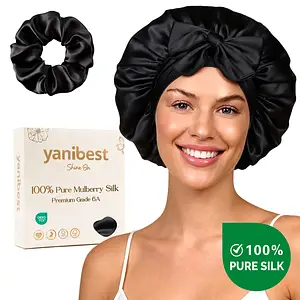 Yanibest Hisheen Silk 6A Mulberry Silk Bonnet With Tie Band Black
