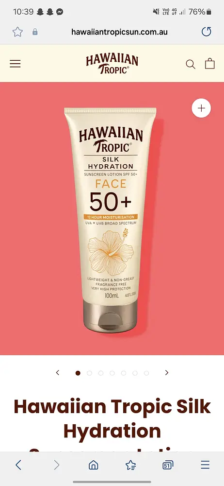 Hawaiian Tropic SPF 50+ Silk Hydration Face Fragrance Free 100ml