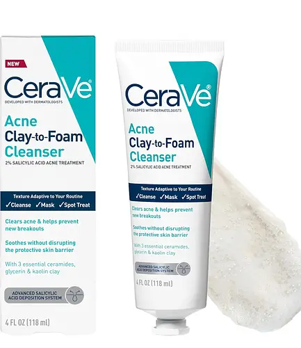 CeraVe Clay To Foam Acne Face Wash, Multi-Use Salicylic Acid & Kaolin Clay Acne Spot Treatment Clears Pimples & Blackheads, Prevents Breakouts, Hydrates & Soothes, Fragrance-Free, Non-Comedogenic, 4oz
