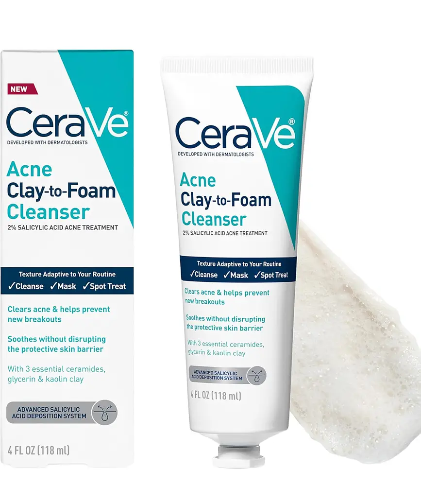CeraVe Clay To Foam Acne Face Wash, Multi-Use Salicylic Acid & Kaolin Clay Acne Spot Treatment Clears Pimples & Blackheads, Prevents Breakouts, Hydrates & Soothes, Fragrance-Free, Non-Comedogenic, 4oz