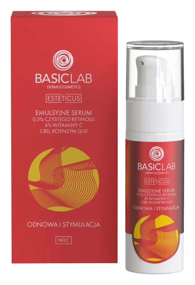 BasicLab Emulsyjne Serum z 0.5% Czystego Retinolu, 4% Witaminy C, CBD i Koenzymem Q10 Odnowa i Stymulacja
