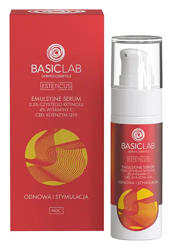 BasicLab Emulsyjne Serum z 0.5% Czystego Retinolu, 4% Witaminy C, CBD i Koenzymem Q10 Odnowa i Stymulacja