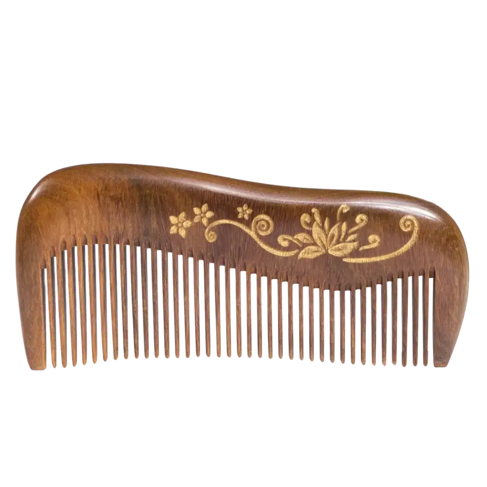 Breezelike No Static Sandalwood Fine Tooth Comb With Golden Painted Flower