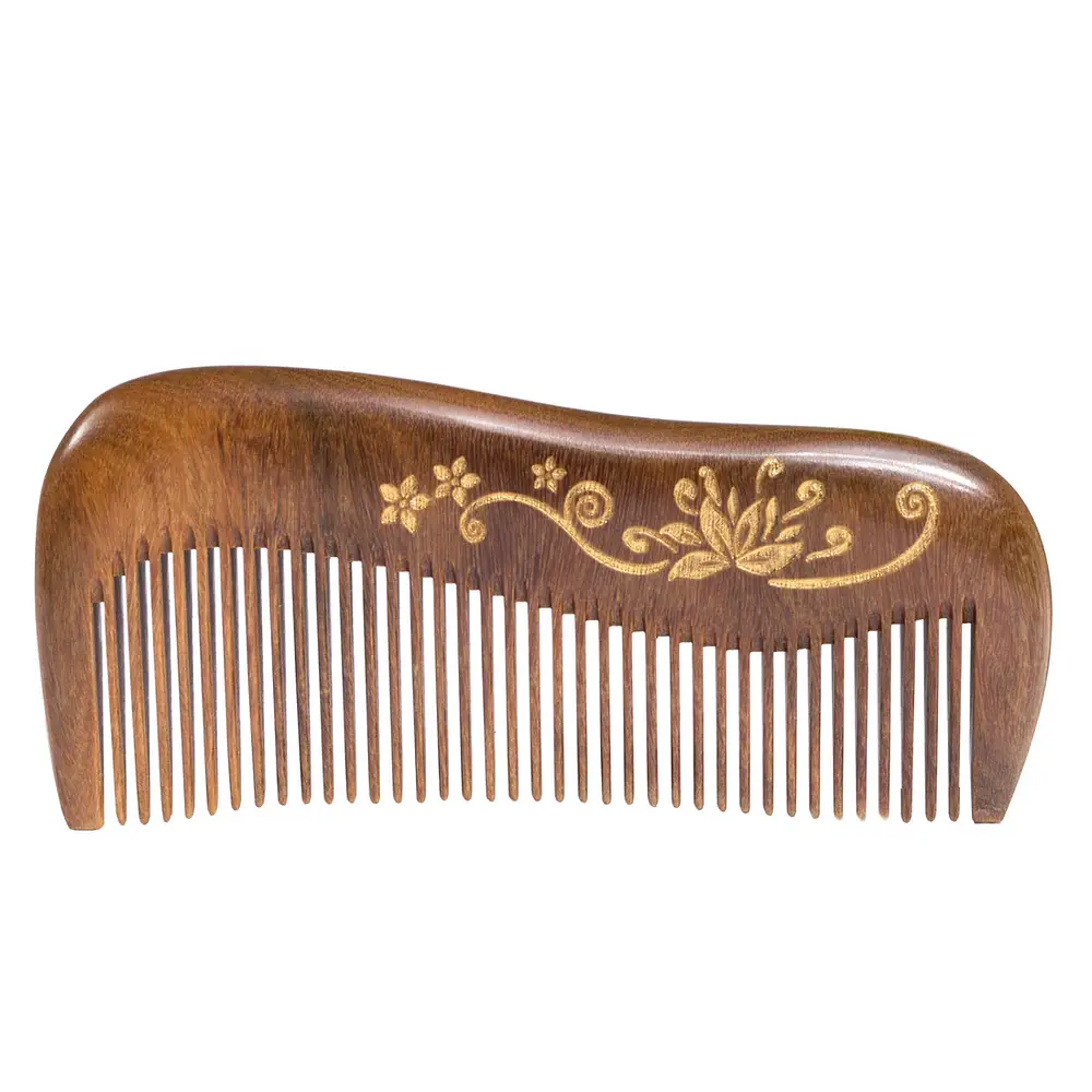 Breezelike No Static Sandalwood Fine Tooth Comb With Golden Painted Flower
