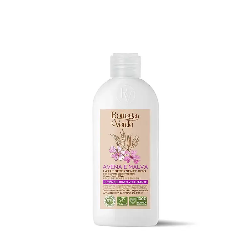 Bottega Verde Face cleansing lotion - extra-gentle, smoothing - with hyperfermented extracts of Oat and Mallow (200 ml) - delicate or sensitive skin No Parabens No Parabens  No mineral oils No mineral oils  No Silicones No Silicones  No Formaldehyde Releasers No Formaldehyde Releasers  No SLES/SLS No SLES/SLS  No PEG No PEG  No colourings No colourings  Face cleansing lotion - extra-gentle, smoothing - with hyperfermented extracts of Oat and Mallow