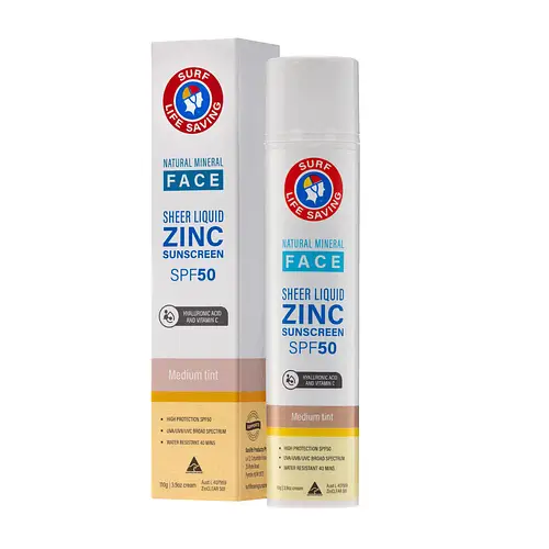 Surf Life Saving Natural Mineral Face Sheer Liquid Zinc Sunscreen SPF50 Medium Tint