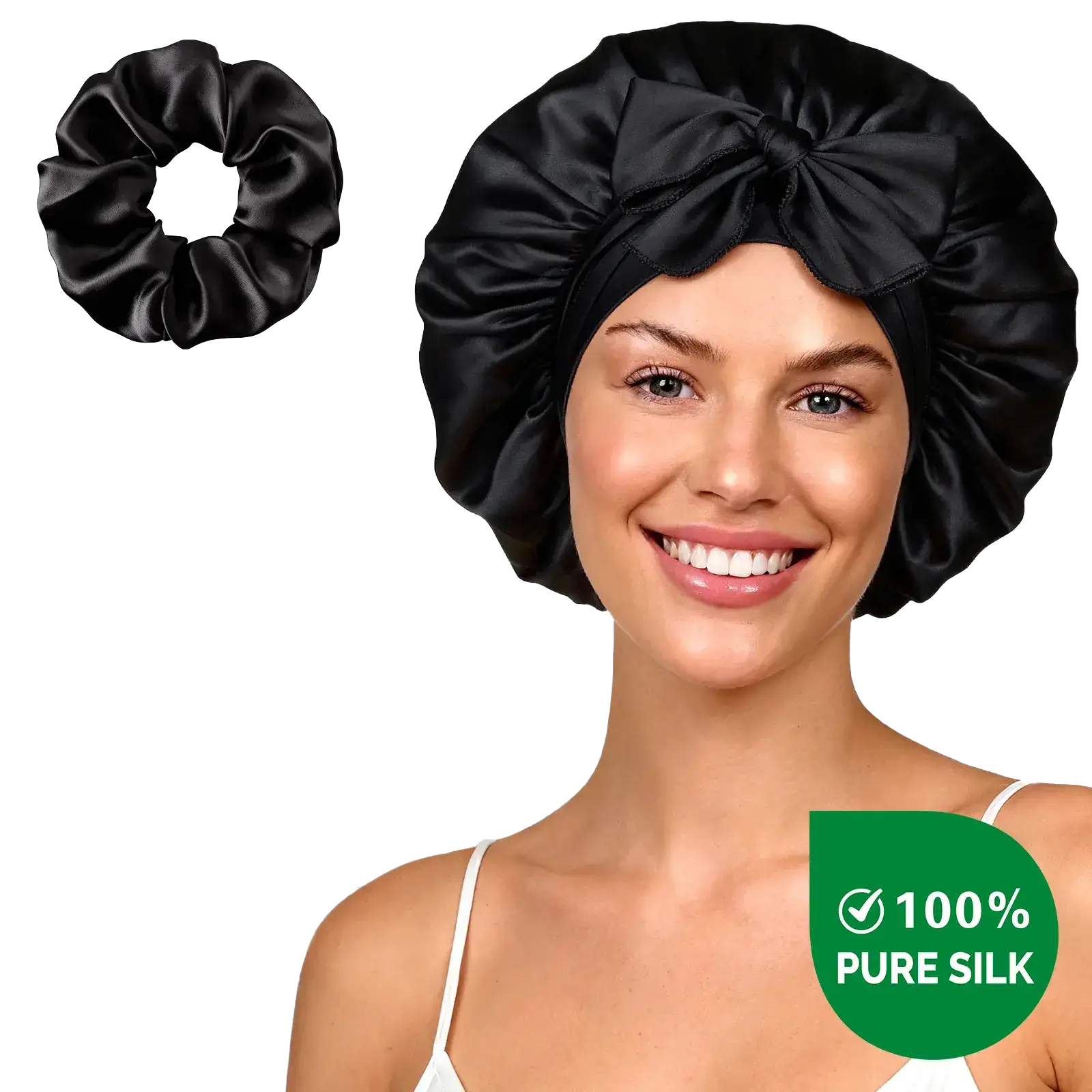 Yanibest Hisheen Silk 6A Mulberry Silk Bonnet With Tie Band Black