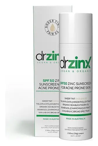 Dr Zinx Organic Mineral Tinted Sunscreen for Acne Prone Skin SPF50 Fair Skin 02