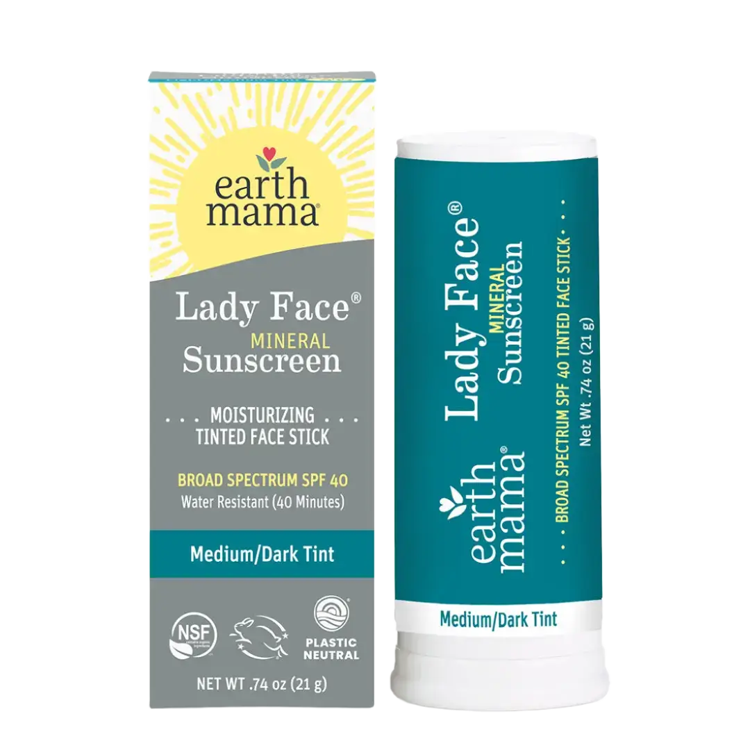 Earth Mama Organics Lady Face Tinted Mineral Sunscreen Face Stick SPF 40 Medium/Dark