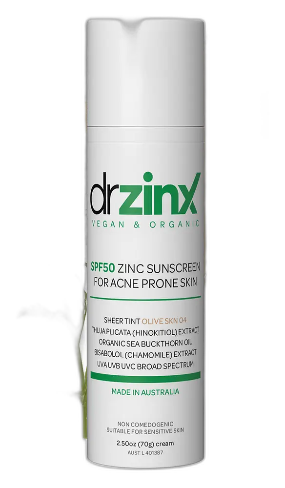 Dr Zinx Organic Mineral Tinted Sunscreen for Acne Prone Skin SPF50 Olive 04