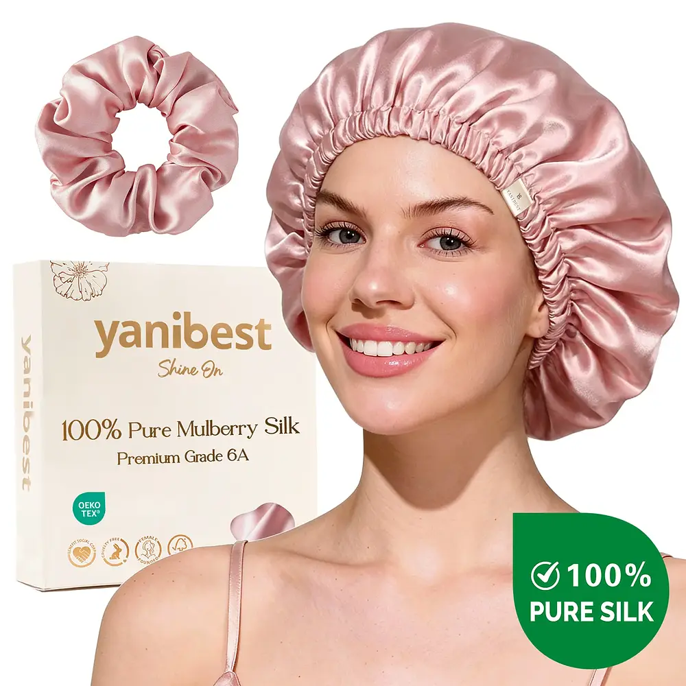 Yanibest Hisheen Silk 6A Mulberry Silk Bonnet Adjustable Elastic Pink