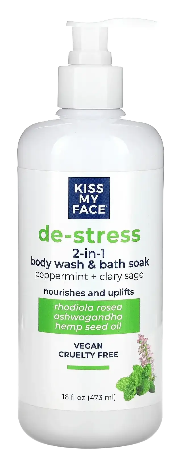 Kiss My Face De-Stress 2-In-1 Body Wash & Bath Soak Peppermint + Clary Sage