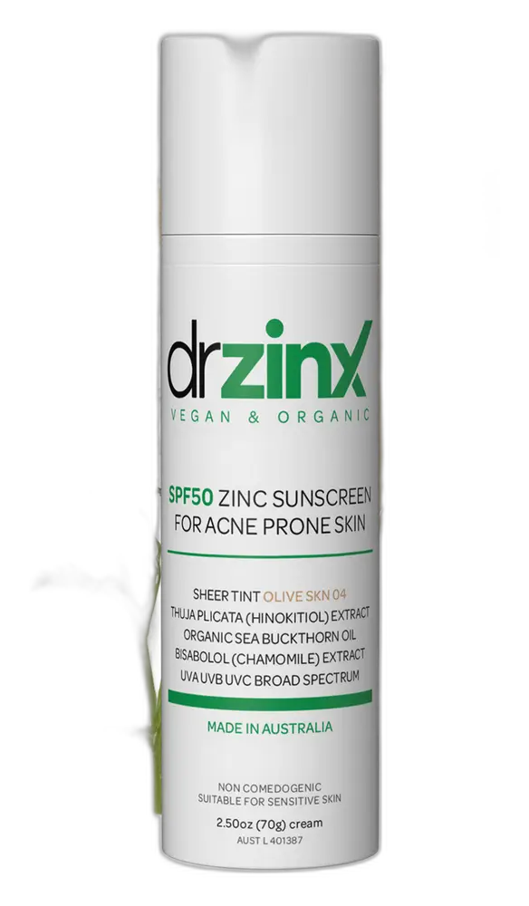 Dr Zinx Organic Mineral Tinted Sunscreen for Acne Prone Skin SPF50 Olive 04