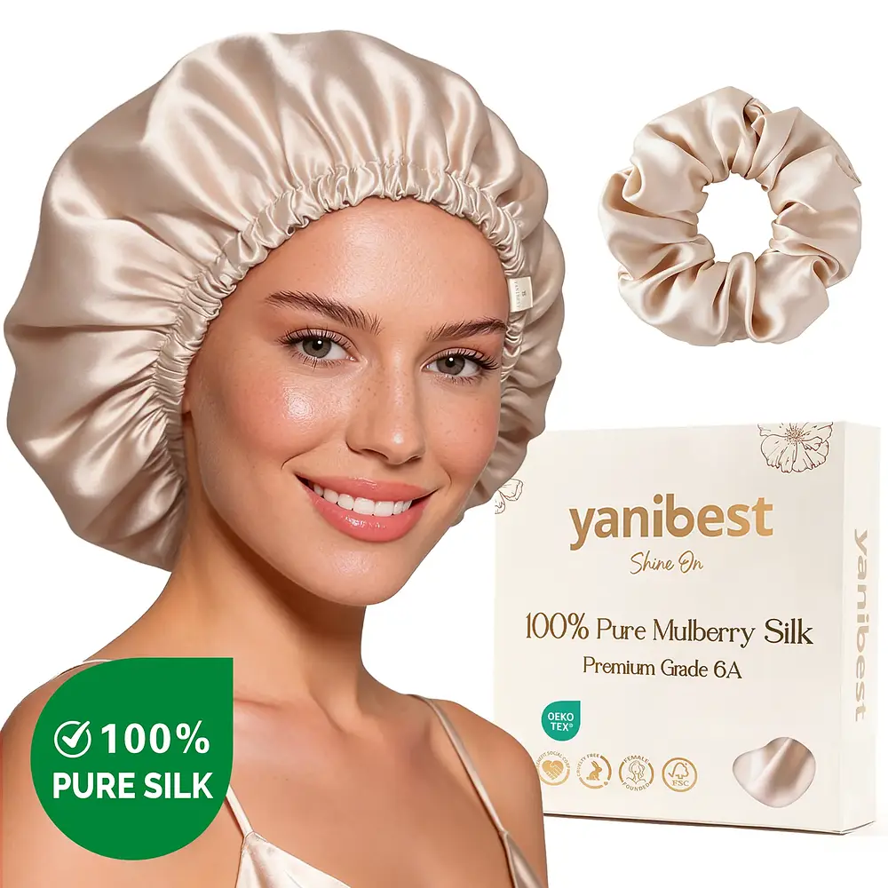 Yanibest Hisheen Silk 6A Mulberry Silk Bonnet Adjustable Elastic Champagne