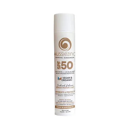 AussieZinc Mineral Sunscreen Sheer Medium Tint SPF50 Hydrating Organic Mineral Zinc Sunscreen BB Cream