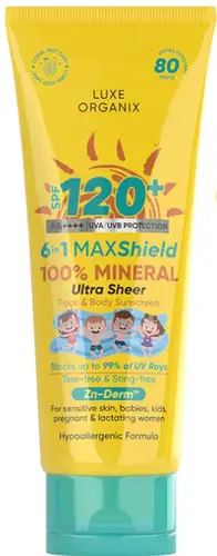 Luxe Organix 6 In 1 Maxshield 100% Mineral Ultra Sheer Face & Body Sunscreen SPF 120+
