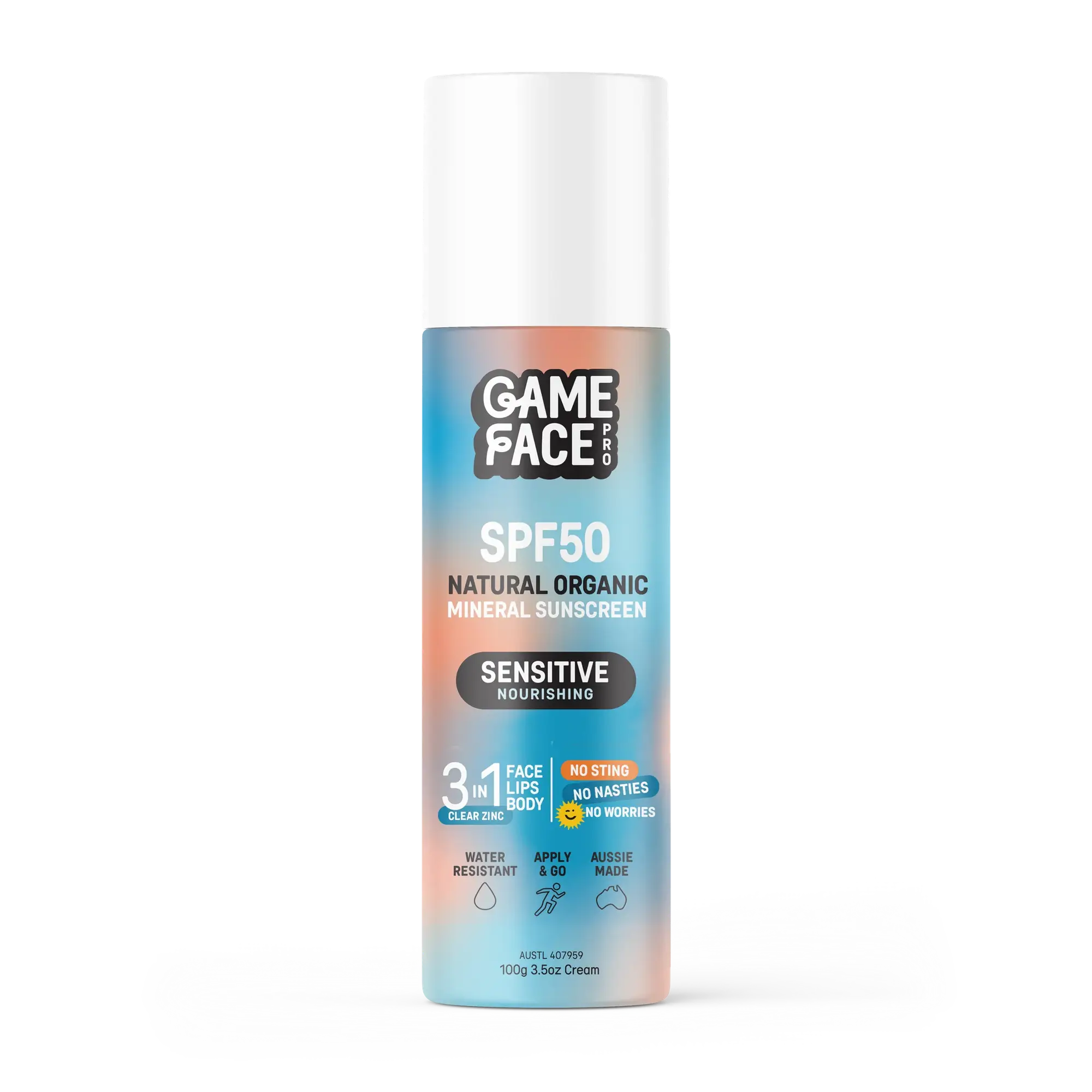 Game Face Pro Sensitive Nourishing SPF50 Natural Organic Mineral Sunscreen