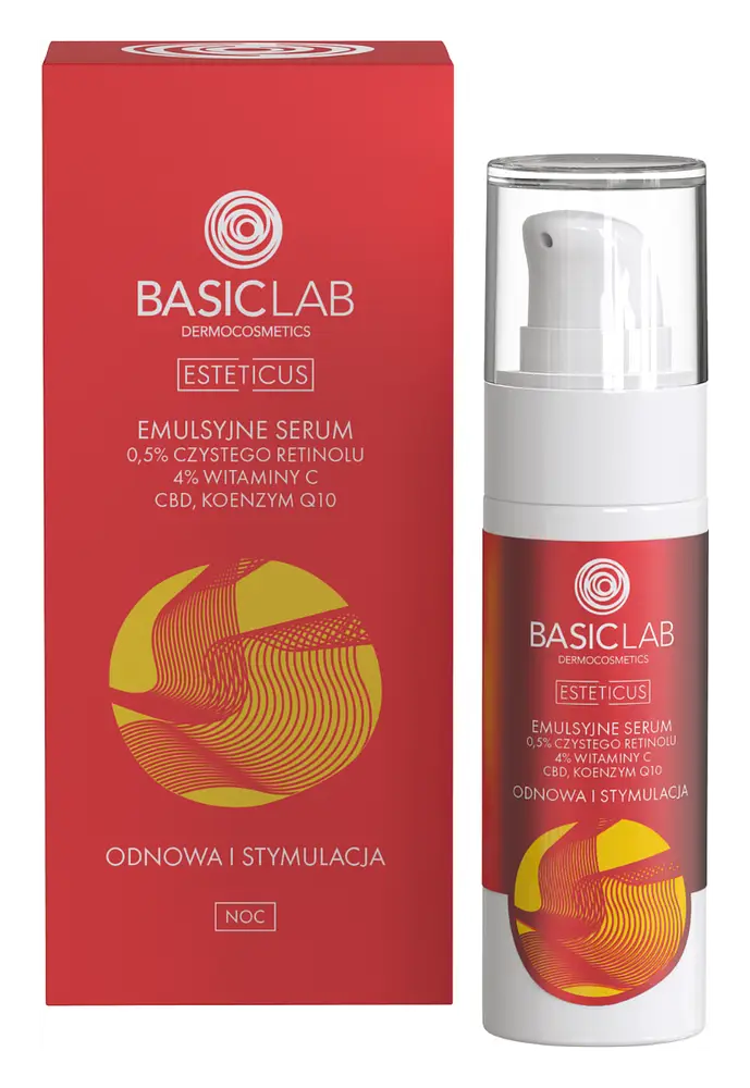 BasicLab Emulsyjne Serum z 0.5% Czystego Retinolu, 4% Witaminy C, CBD i Koenzymem Q10 Odnowa i Stymulacja