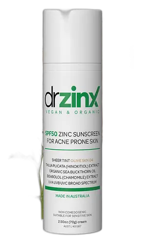 Dr Zinx Organic Mineral Tinted Sunscreen for Acne Prone Skin SPF50 Olive 04