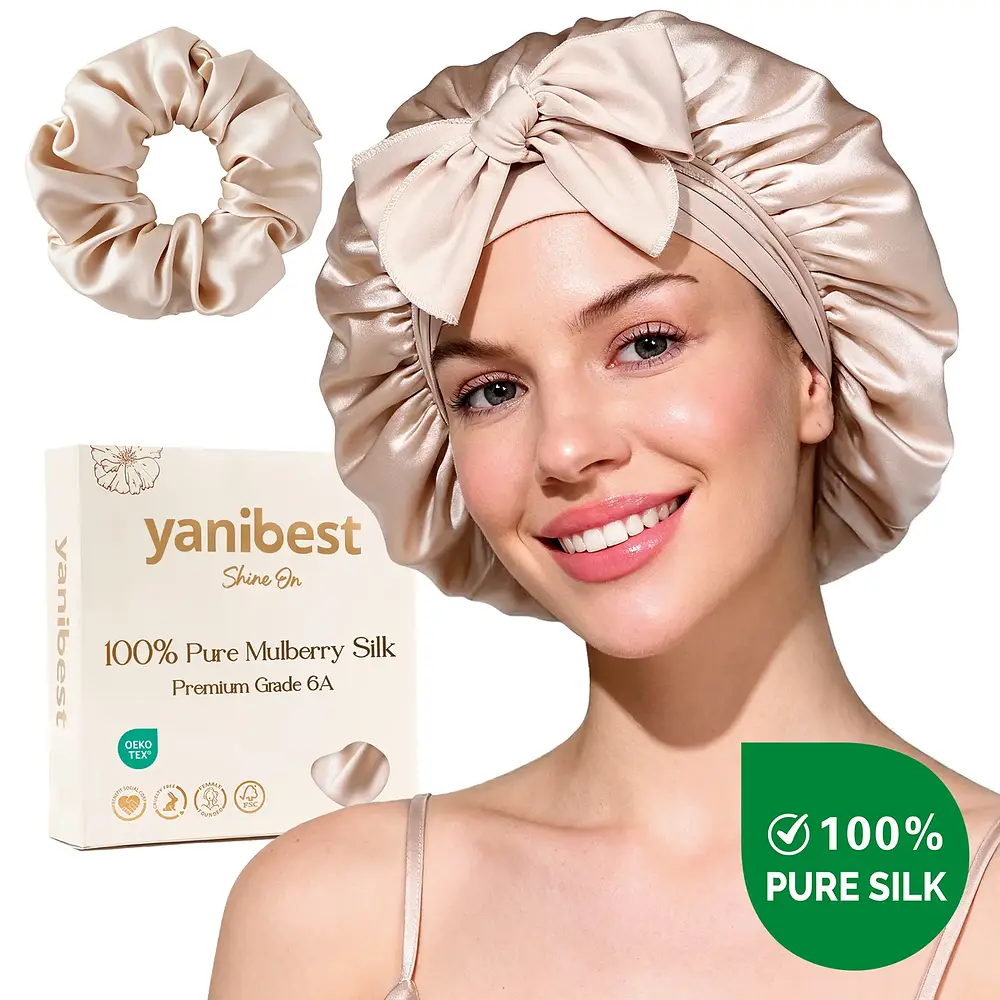 Yanibest Hisheen Silk 6A Mulberry Silk Bonnet With Tie Band Champagne