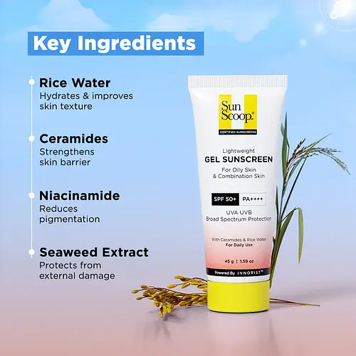 Sunscoop Ceramides & Rice Water Gel Sunscreen for Oily Skin, SPF 50+ PA++++