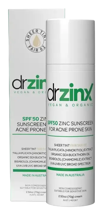 Dr Zinx Organic Mineral Tinted Sunscreen for Acne Prone Skin SPF50 Fair Skin 02