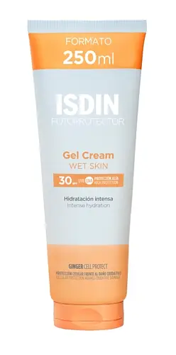 ISDIN 250ml gel cream wet skin 50 SPF uvb protection alta high protection hidraciòn intensa intense hydration ginger cell protect