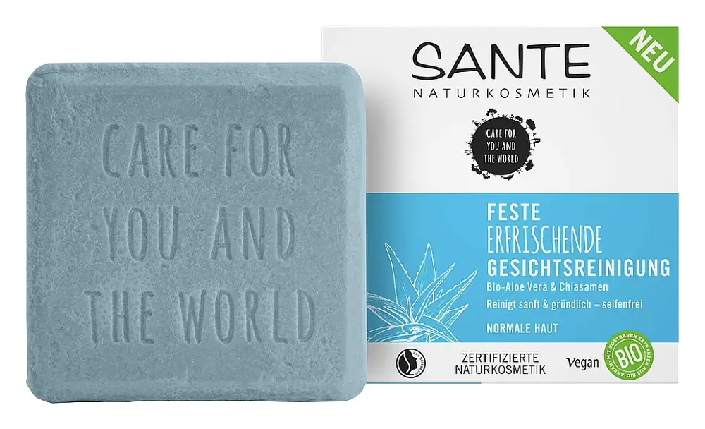 SANTE Naturkosmetik Feste Erfrischende Gesichtsreinigung Bio-Aloe Vera & Chiasamen (Solid Refreshing Facial Cleanser Organic Aloe Vera & Chia Seeds)