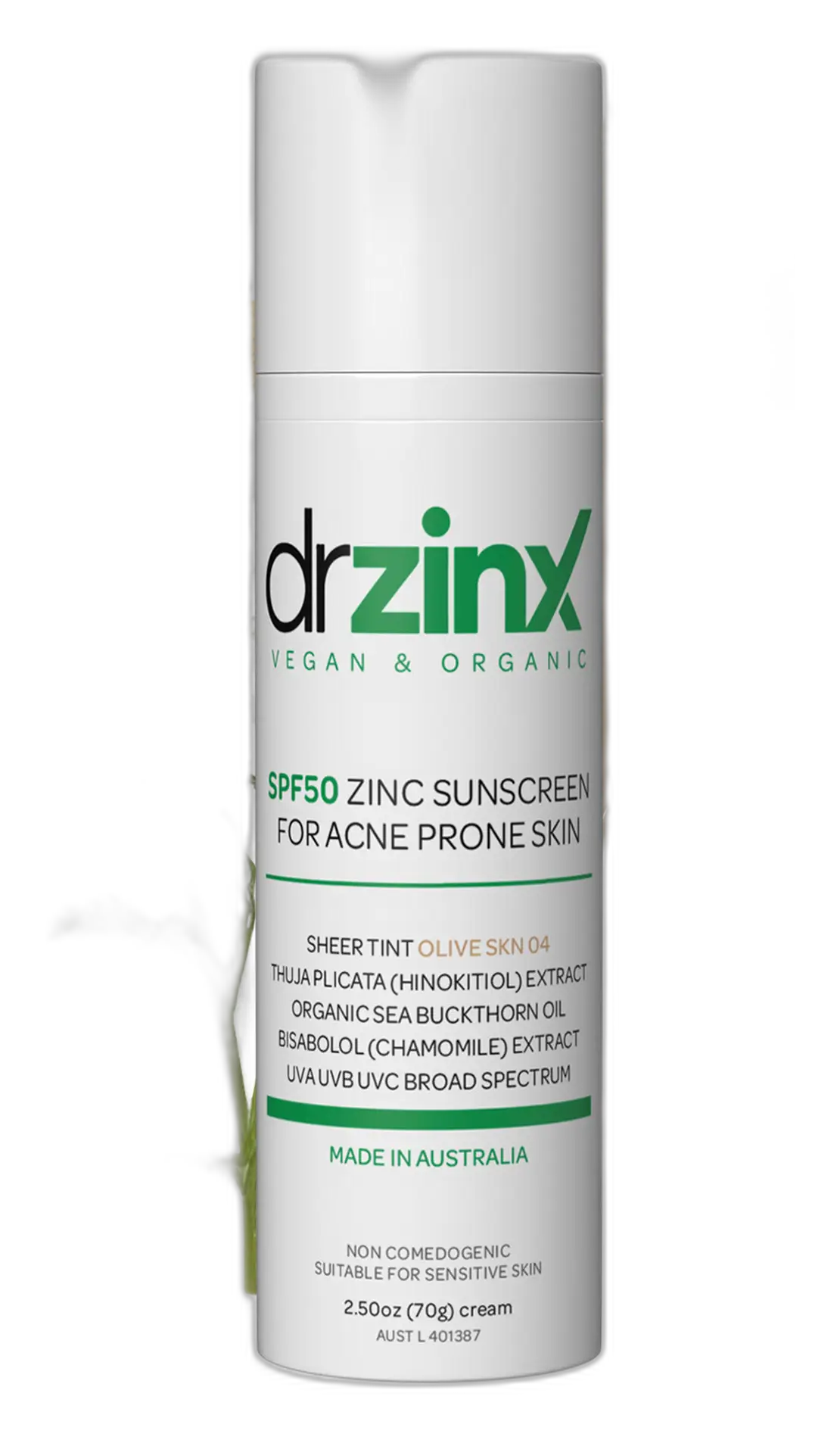 Dr Zinx Organic Mineral Tinted Sunscreen for Acne Prone Skin SPF50 Olive 04
