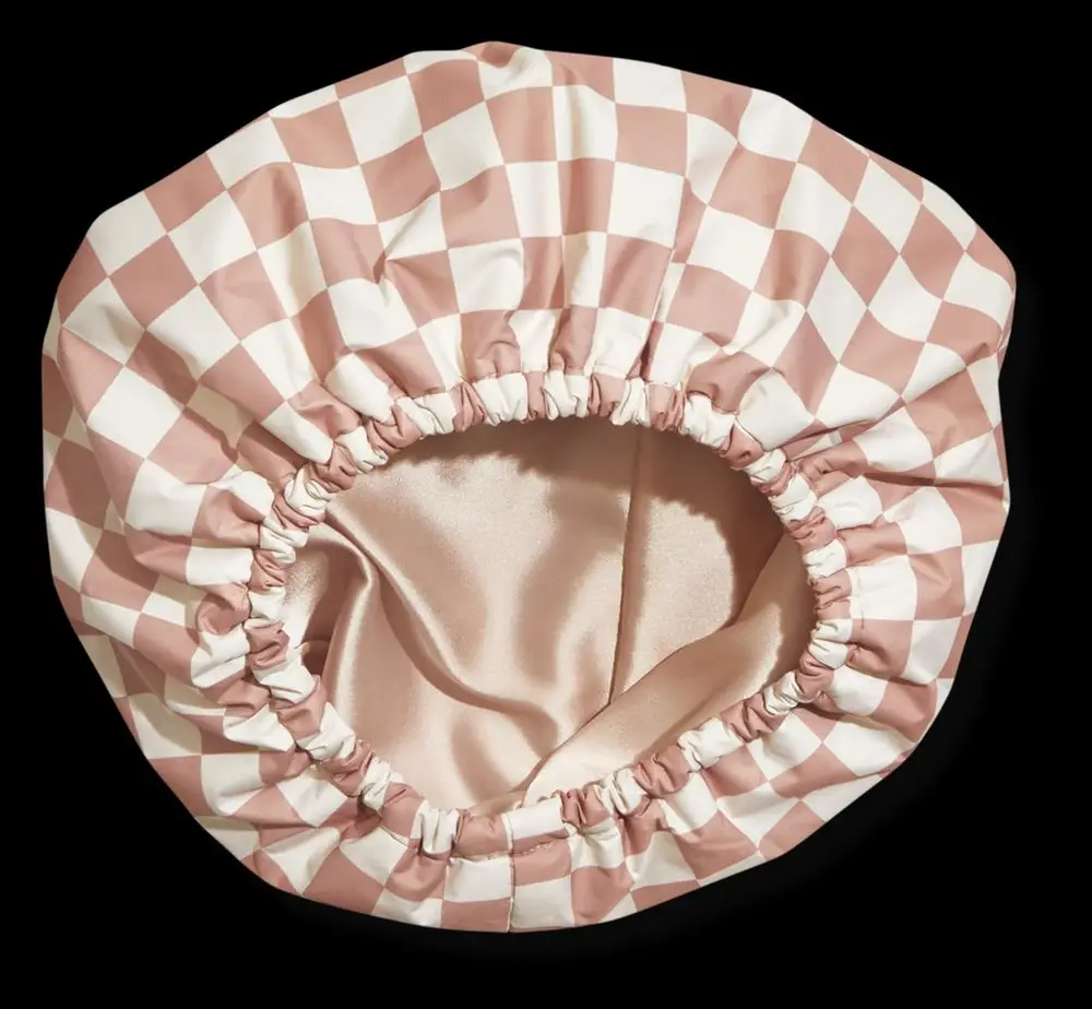 Kitsch Satin-Lined Shower Cap Terracota Checker
