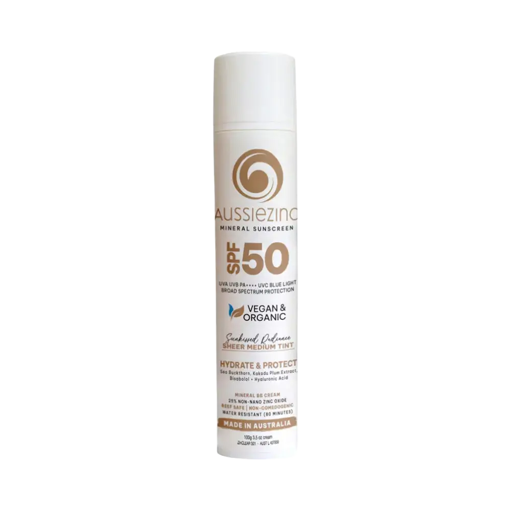 AussieZinc Mineral Sunscreen Sheer Medium Tint SPF50 Hydrating Organic Mineral Zinc Sunscreen BB Cream