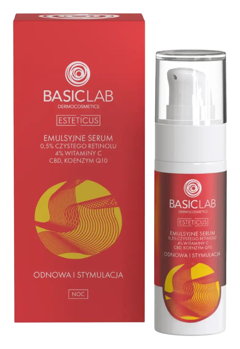 BasicLab Emulsyjne Serum z 0.5% Czystego Retinolu, 4% Witaminy C, CBD i Koenzymem Q10 Odnowa i Stymulacja