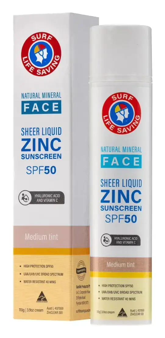 Surf Life Saving Natural Mineral Face Sheer Liquid Zinc Sunscreen SPF50 Medium Tint