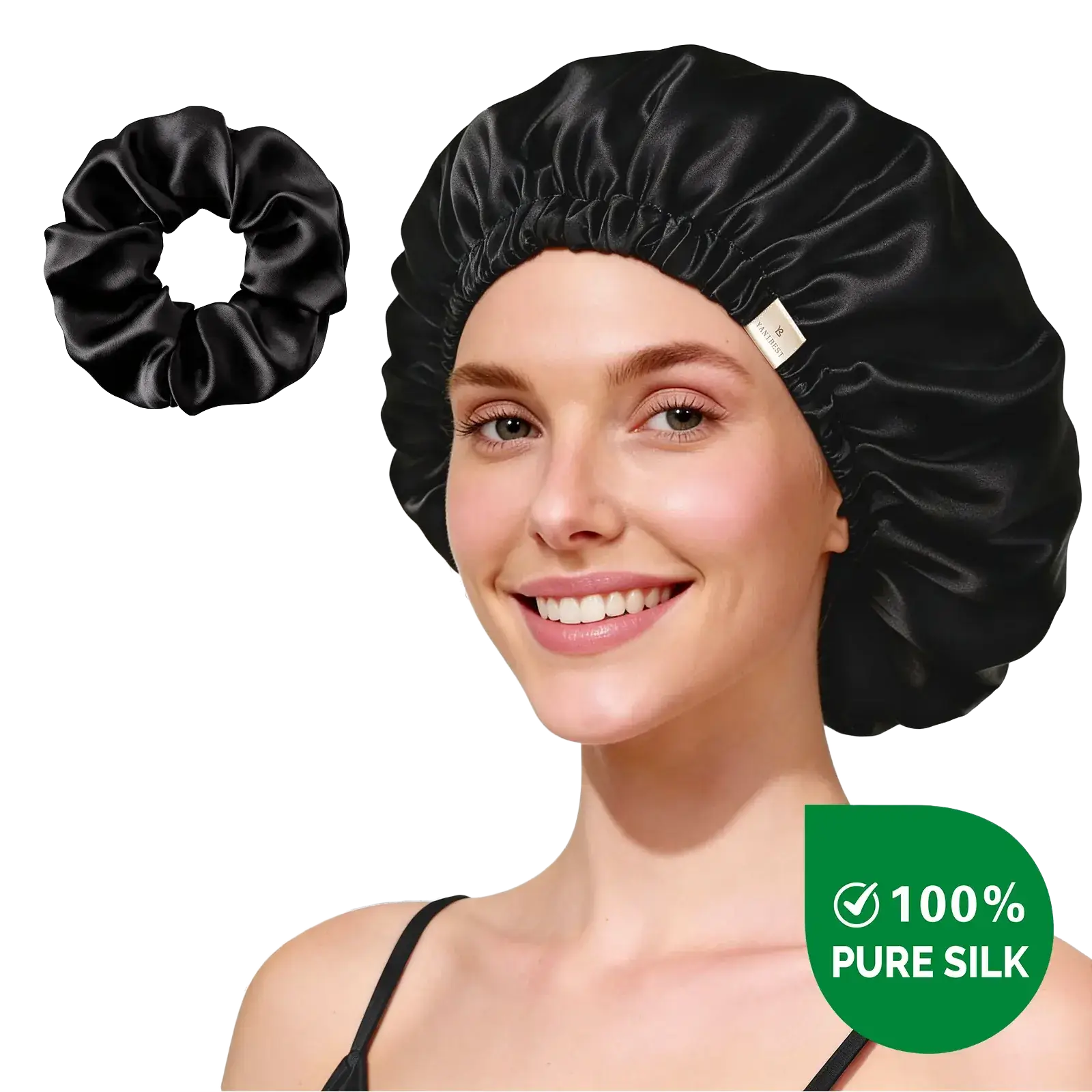 Yanibest Hisheen Silk 6A Mulberry Silk Bonnet Adjustable Elastic Black