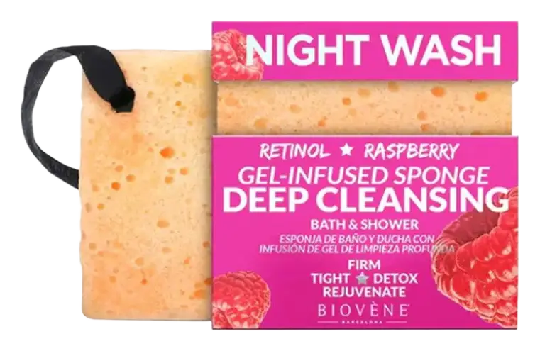 Biovène Barcelona Night Wash Deep Cleansing Retinol & Raspberry Gel-Infused Sponge