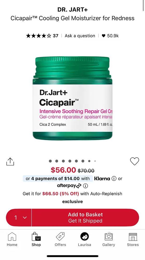 Dr. Jart+ Cicapair Cooling Gel Moisturizer for Redness
