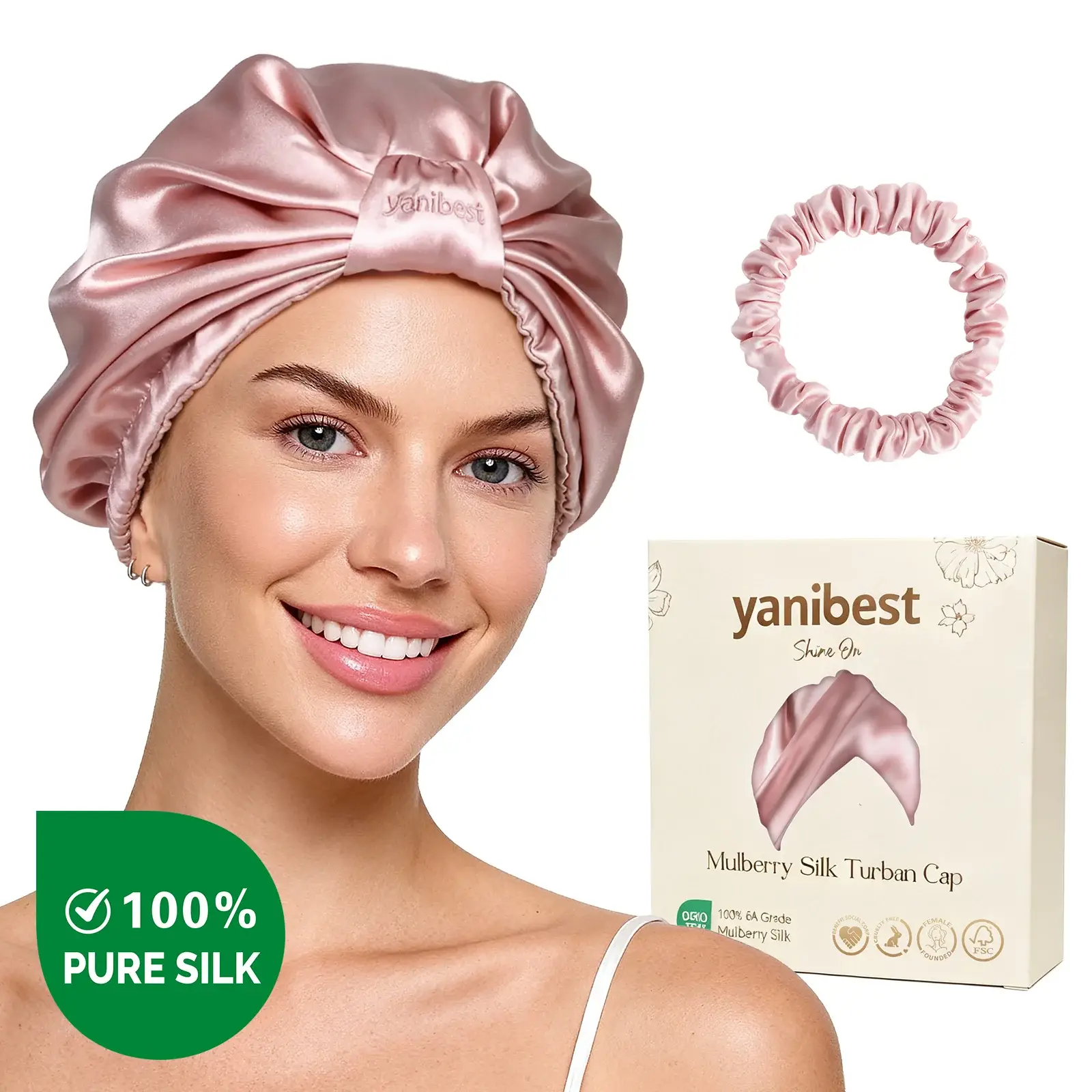 Yanibest Hisheen Silk 6A Mulberry Silk Bonnet Classic Turban Pink